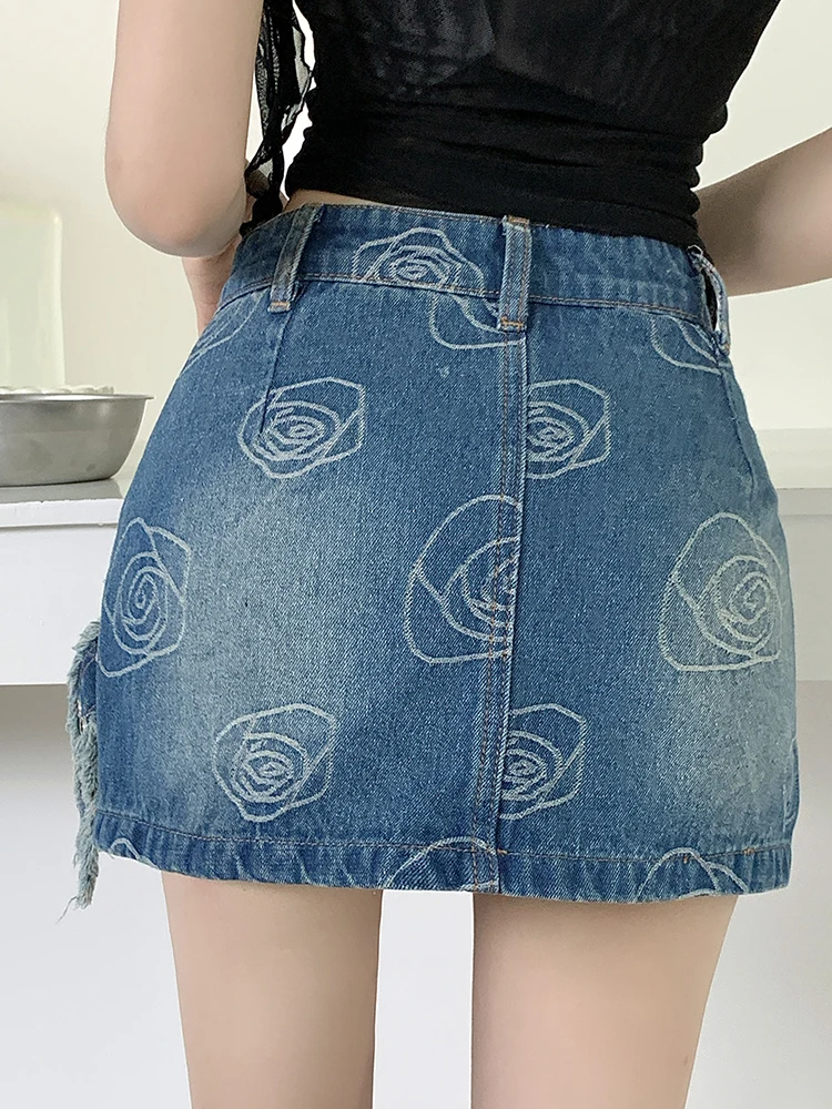 Vintage Women's Casual Ripped Jean Skirt Irregular Belt High Waist Mini Denim Skirts Sexy Mini Short Skirt Ladies 2024 New Y2K