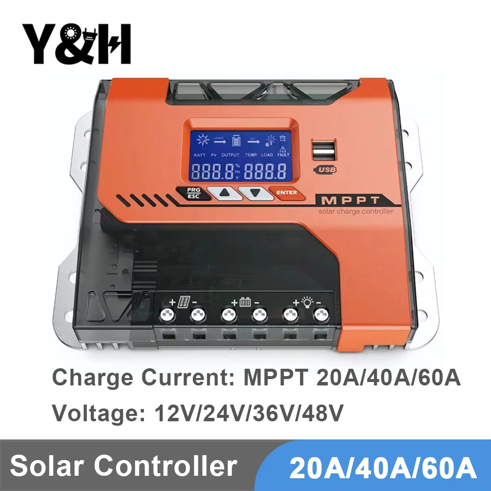 Y&H 20A 40A 60A MPPT Solar Charger Controller 12V 24V 36V 48V Battery Solar Panel Regulator For AGM, Gel, Flooded and Li