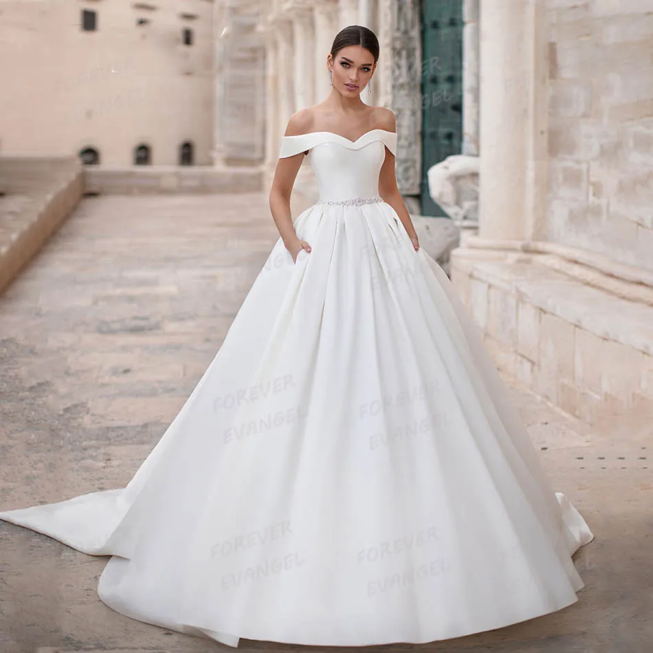 

Simple 2025 Wedding Dresses A Line Woman's Sexy Satin Off Shoulder Sweep Train Backless Bride Gowns Vestidos De Novia Customized