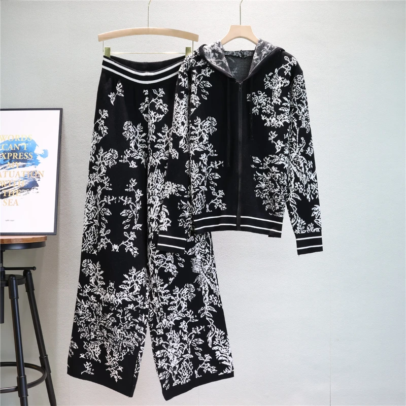 Fashion Suit Women Clothing Spring Autumn Ink Painting Jacquard Loose Knitted Top Wide-leg Pants Two Piece Sets Womens Outifits