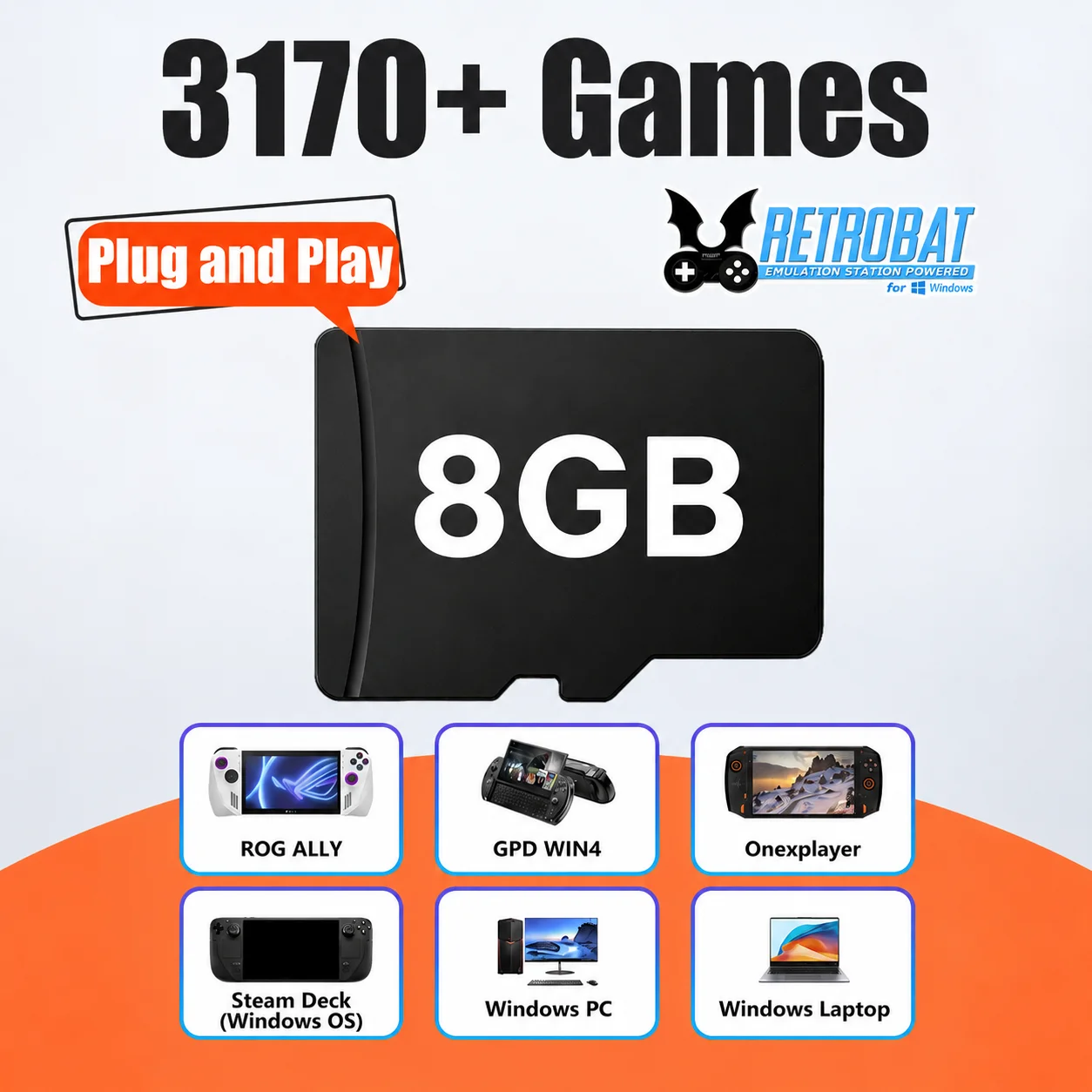 Retrobat 8GB TF-Spielkarte mit 3170 Retro- und PC-Spielen für ROG ALLY/Onexplayer/GPD WIN4/Win Handheld-Spielkonsole/Win PC/Laptop