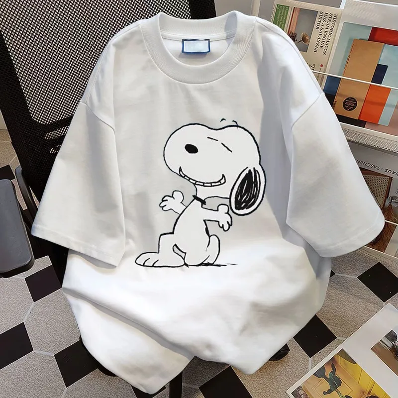 

Concise Casual Korean Style Short Sleeved Fashion T Shirt Couples Vintage Summer Snoopy Print Versatile Loose 100% Cotton Tops