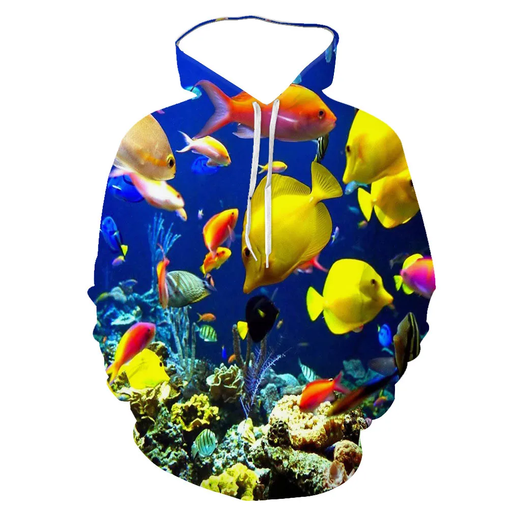 3D Spring And Autumn New Men's Marine Life Print Hoodie Blue Ocean Fish Small Fresh Fashion Customizable Parent-child Sweatshirt