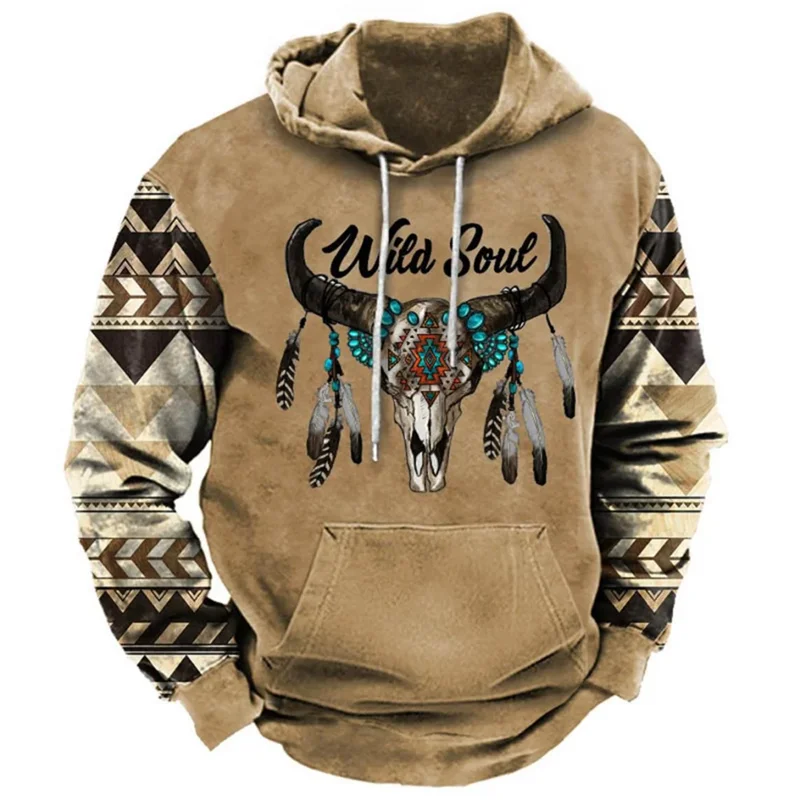 North America Demon Wendigo Print Hoodies Western Cowboy Hooded Sweatshirts Daily Casual Oversized Pullovers Vintage Streetwear