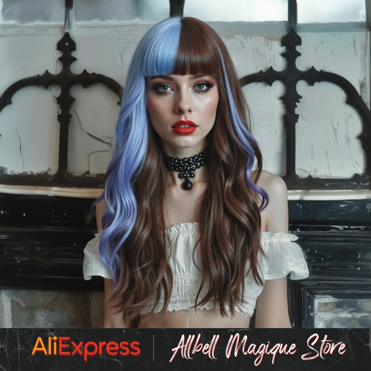 Halloween Cosplay Wig Synthetic Long Wavy Dark Brown Highlight Blue Wig with Bangs For Punk Goth Girl Street Nightclub Rock Wig