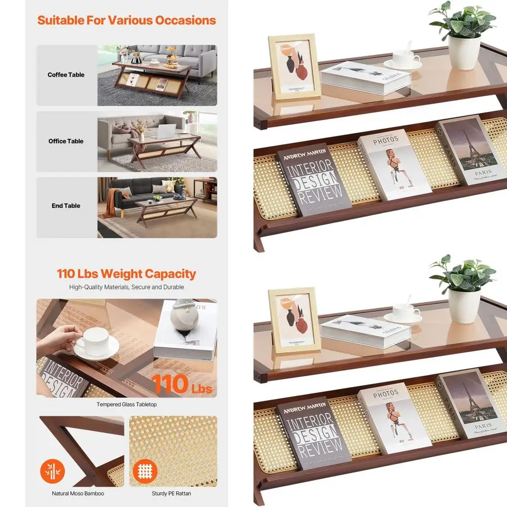 

Modern Boho Z-Shape Rattan Bamboo Coffee Table with Tempered Glass Top, 47 Storage Option for Living & Bedroom Spaces