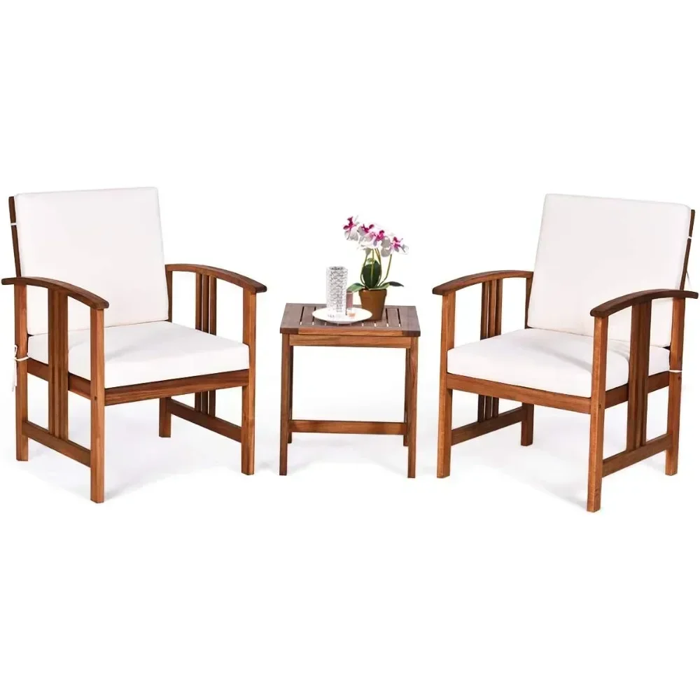 

White 3 Pieces Patio Furniture Set,Includes Set of 2 Outdoor Acacia Wood Cushioned Chairs and Coffee Table, for Garden, Backyard