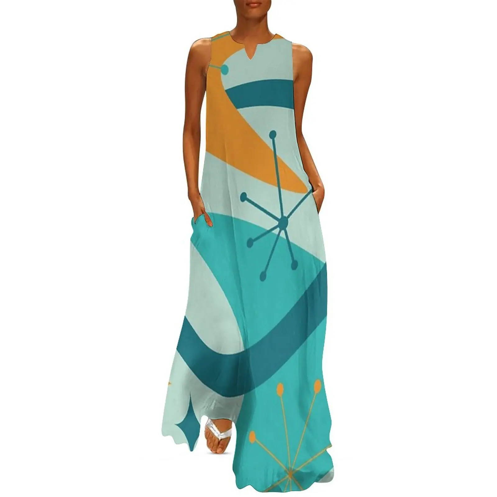 

Mid Century Atomic Age 7 Aqua, Teal, Orange Long Dress Dress women dresses for prom clothes for women