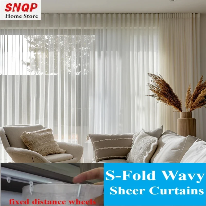 S Fold Wavy White Tulle Sheer Curtains for Living Room Bedroom Dining Good Quality Window Chiffon Bedroom Door Screen 창문커텐