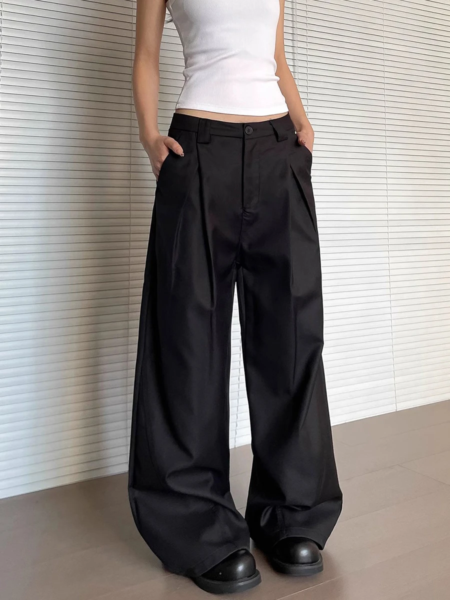 Reddachic feminino plissado frente vestido calças cleanfit preto bolsos lisos baixo aumento largo casual terno calças trabalho roupas de verão