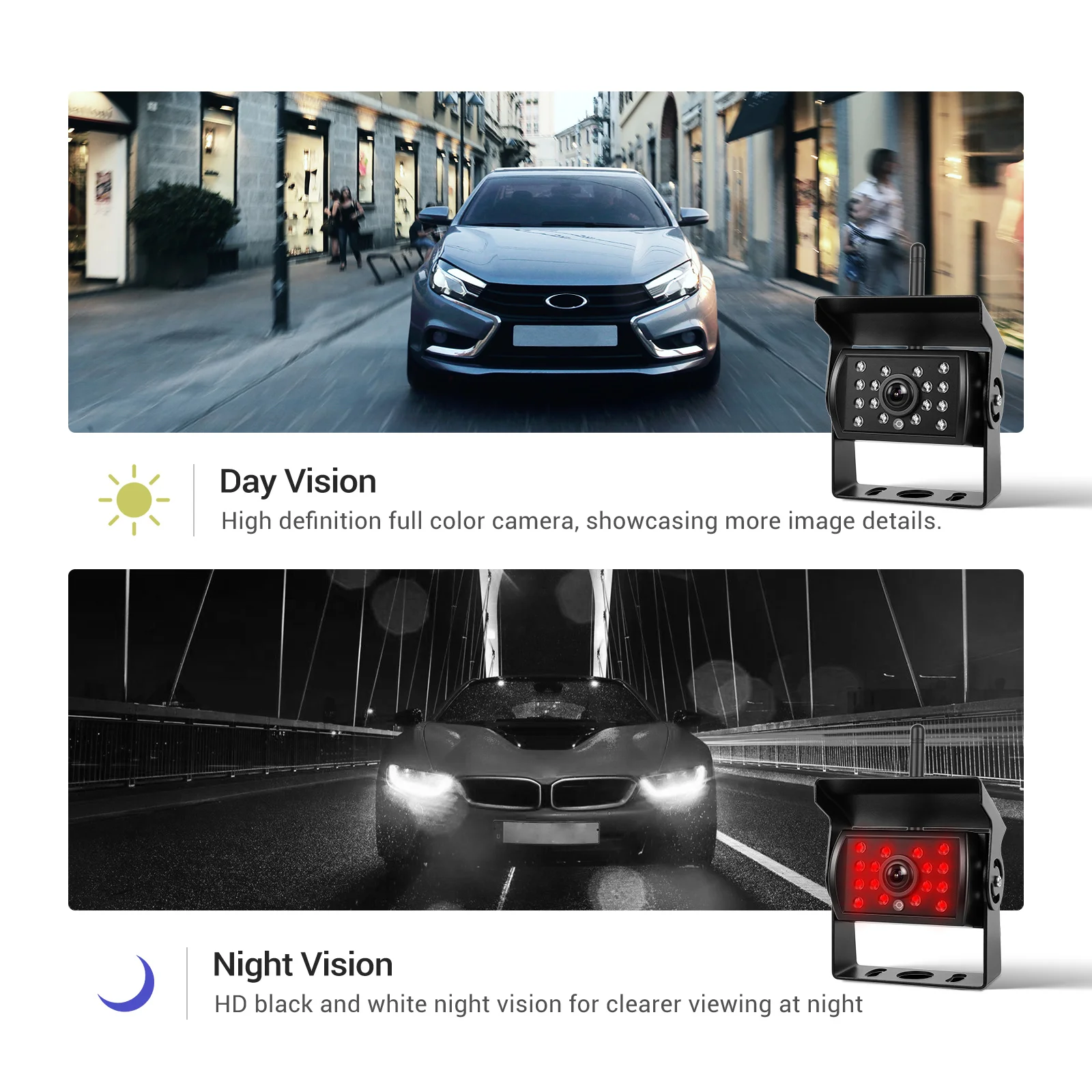Monitor per auto Podofo da 7" e telecamera di retromarcia wireless con visione notturna 1080P, sistema di assistenza al parcheggio con 2 telecamere, anti-interferenza, impermeabile IP68, per camper,