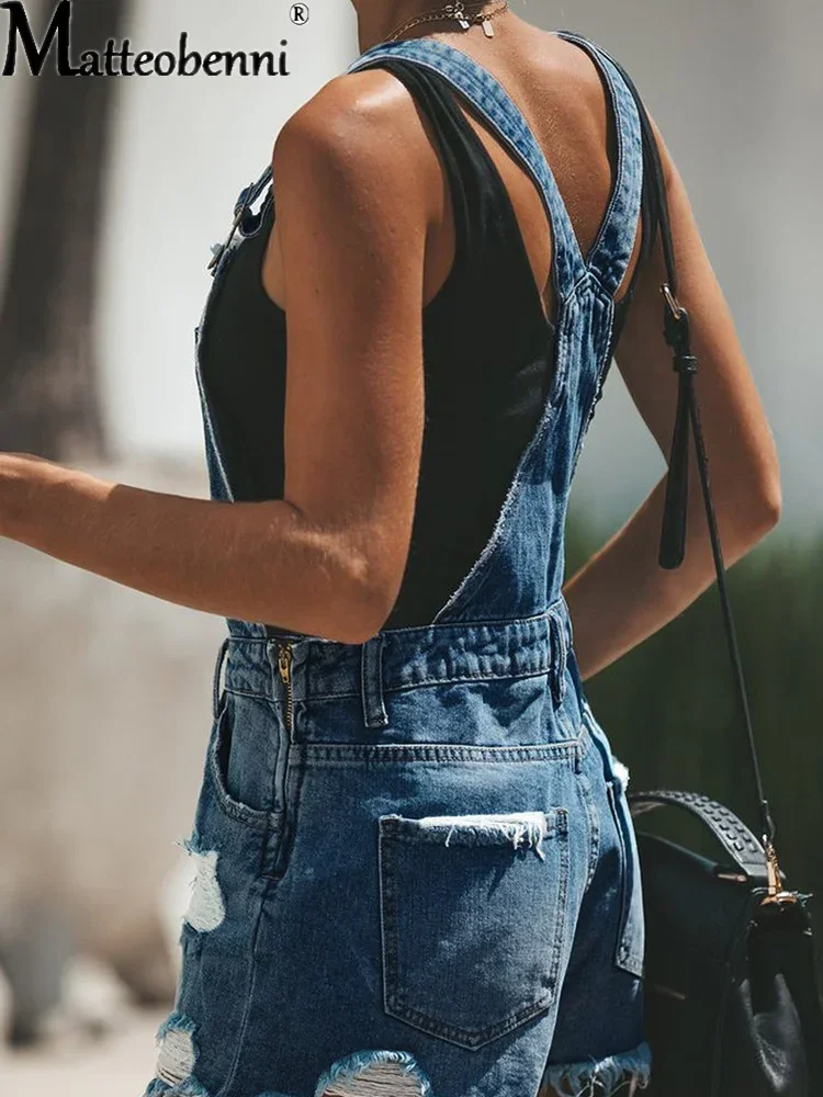 Short Denim Overalls Women Hole Short Jumpsuit High Waist Casual Jeans Playsuit 2021 Summer Washed Straps Jeans Romper Salopette