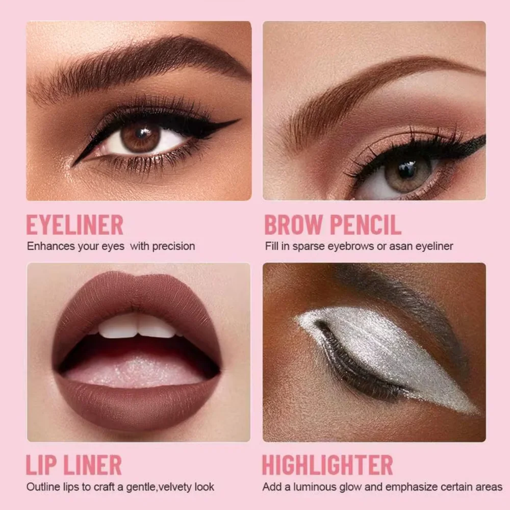 Wielofunkcyjny pisak do makijażu 4 w 1, kompaktowy eyeliner podróżny, konturówka do ust, kredka do brwi, pisak do rozświetlacza i cieni do powiek