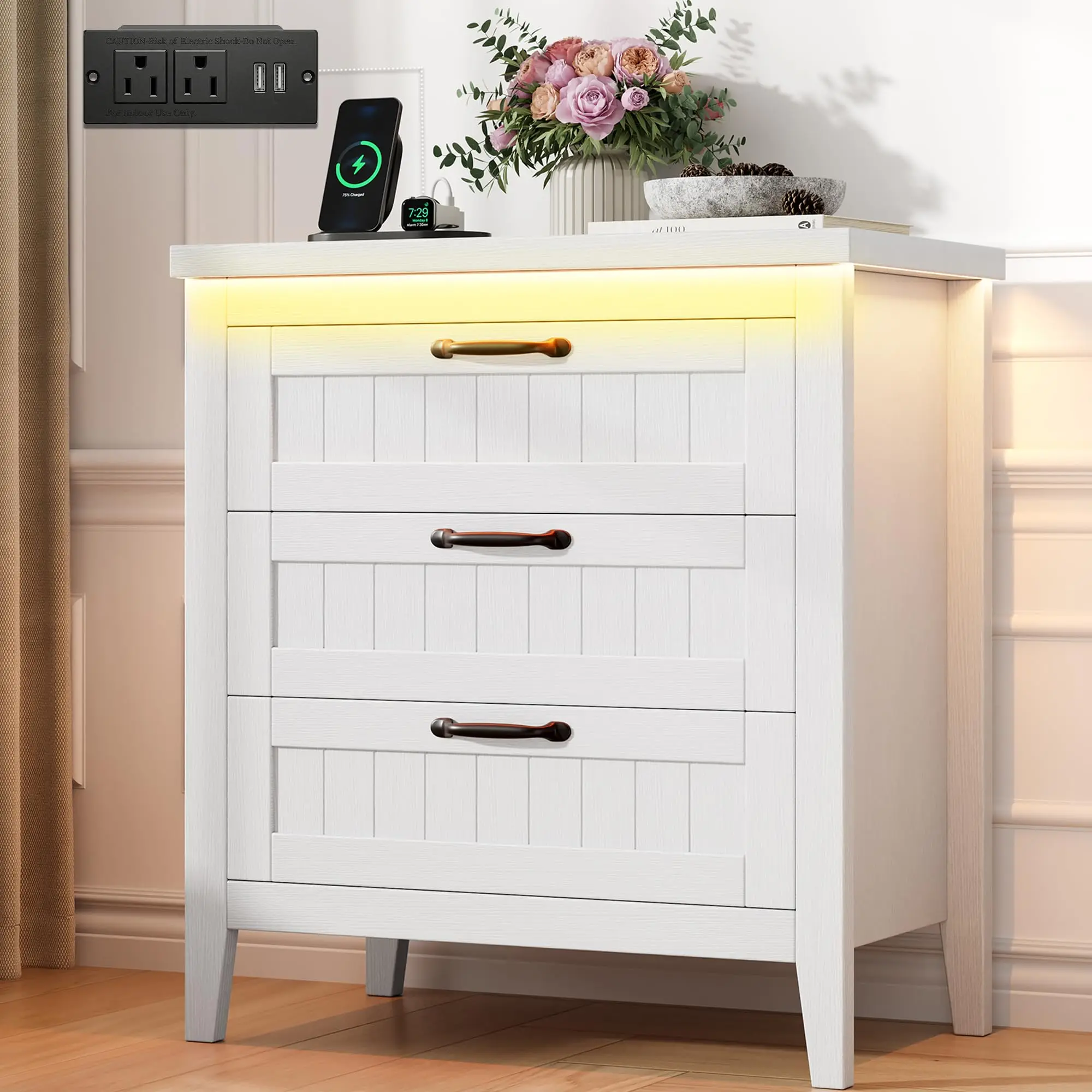 Farmhouse White Dresser with Charging Station and LED Lights - Slim Wooden Chest for Bedroom, Closet, or Dorm - Tall or Wide Storage Cabinet - Rustic Modern Bedroom Furniture