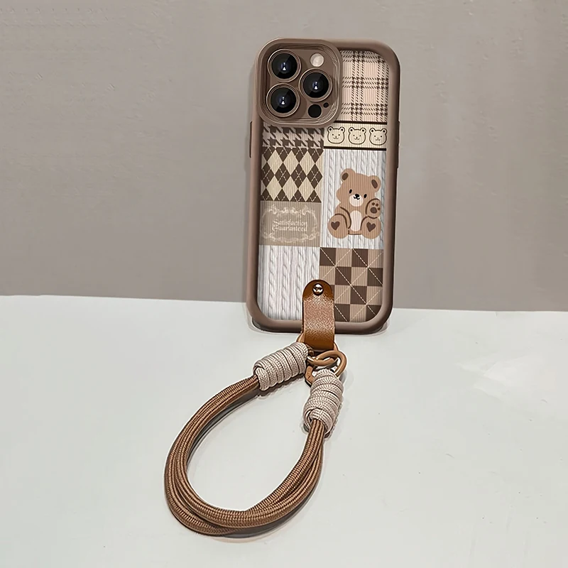 Gittermuster-Bären-Hängeband-Handyhülle für iPhone 18 17 16 15 14 Pro Max 13 12 11 Pro XS X XR 7 Plus SE Stoßfeste Weiche Hülle – Detail 3