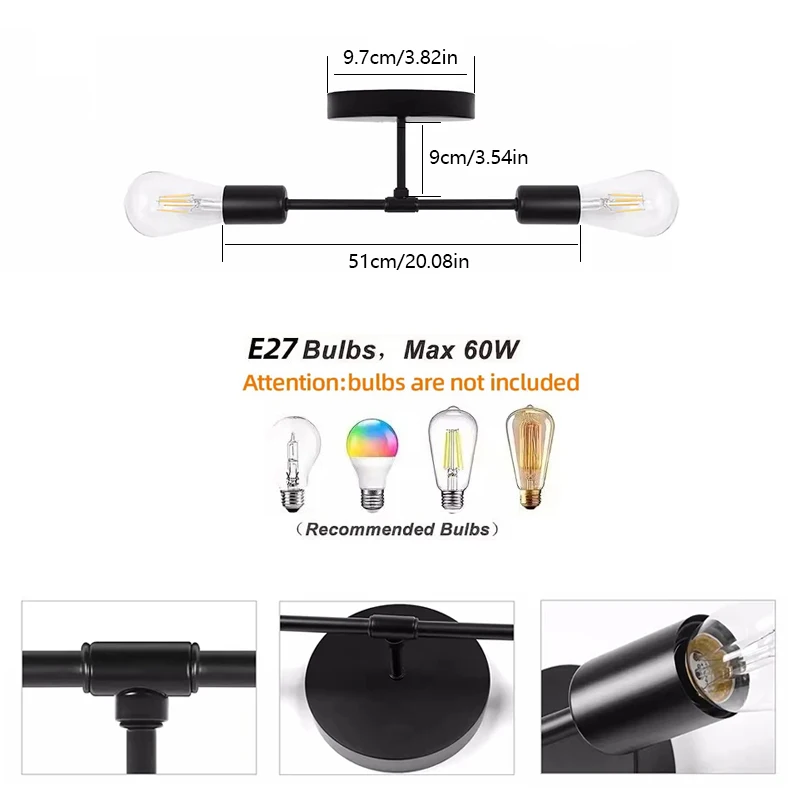 1Pc black two E27 bulb base ceiling light for corridor, lobby, balcony, kitchen, bedroom chandelier(without bulb)
