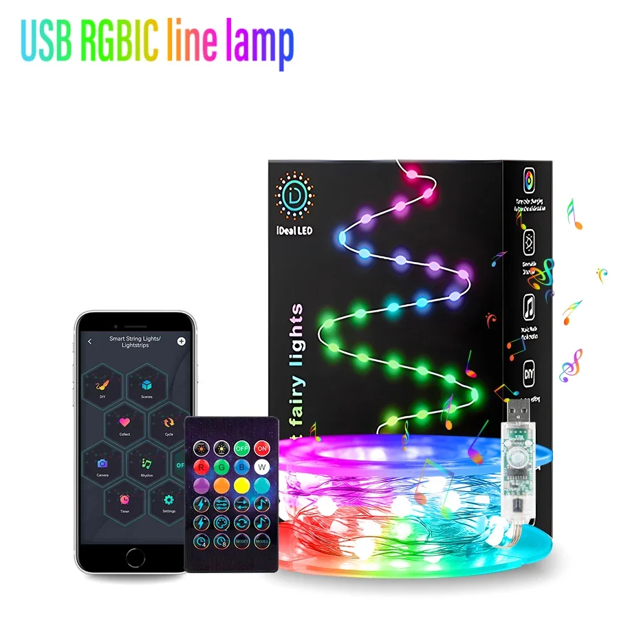 USB عيد الميلاد ضوء WS2812B بكسل RGBIC الجنية سلسلة USB الموسيقى حلم اللون DC5V LED جارلاند الزفاف حفلة عيد ميلاد الديكور