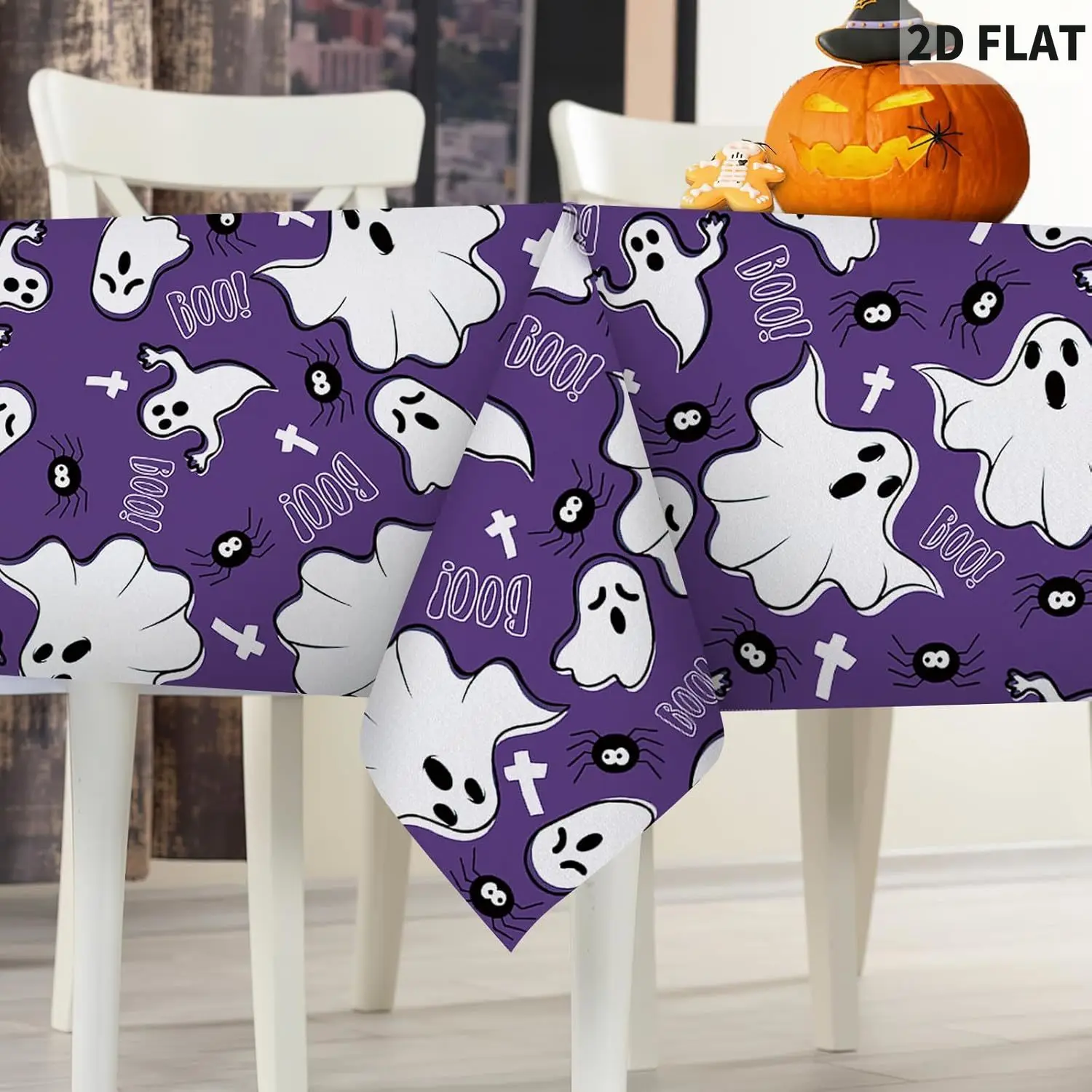 

2D Flat 1pc Halloween Spooky Ghost Purple Rectangle Tablecloths/Tablecovers, 60 x 84 Inches, Boo Decorative Dining Table Cloth