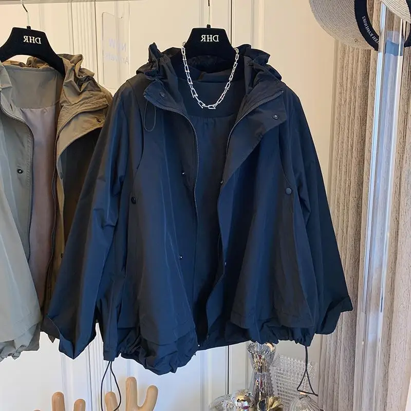 Women's haute couture fake two-piece windbreaker short jacket loose hooded  winter clothes women  coat  jacket