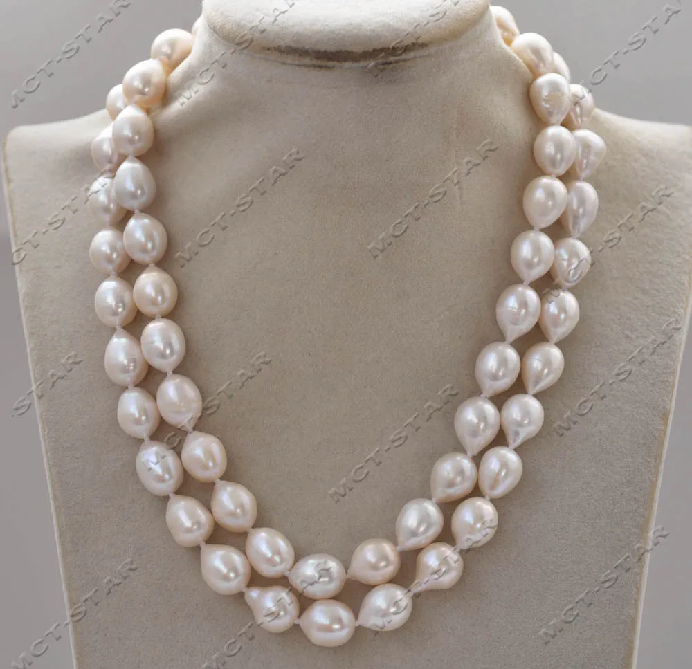 MTC·STAR 17Inch 2-Row White Teardrop Rice Freshwater Pearl Necklace with CZ 14mm Customizable Jewelry (Z13168)
