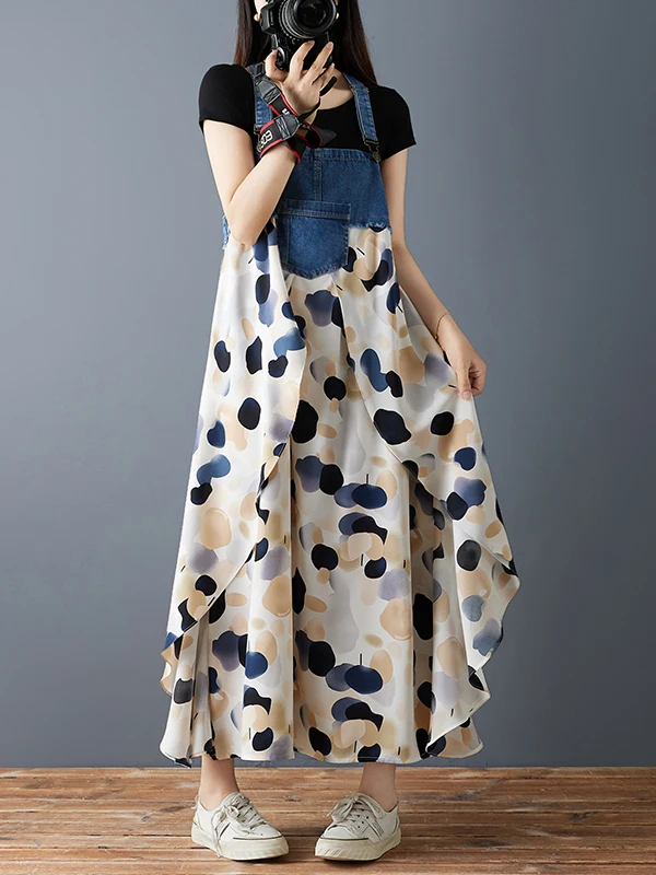 

Новое летнее свободное платье без рукавов из шифона с джинсовым принтом и кружевным подолом, средней длины, тонкое, для повседневной носки, женское