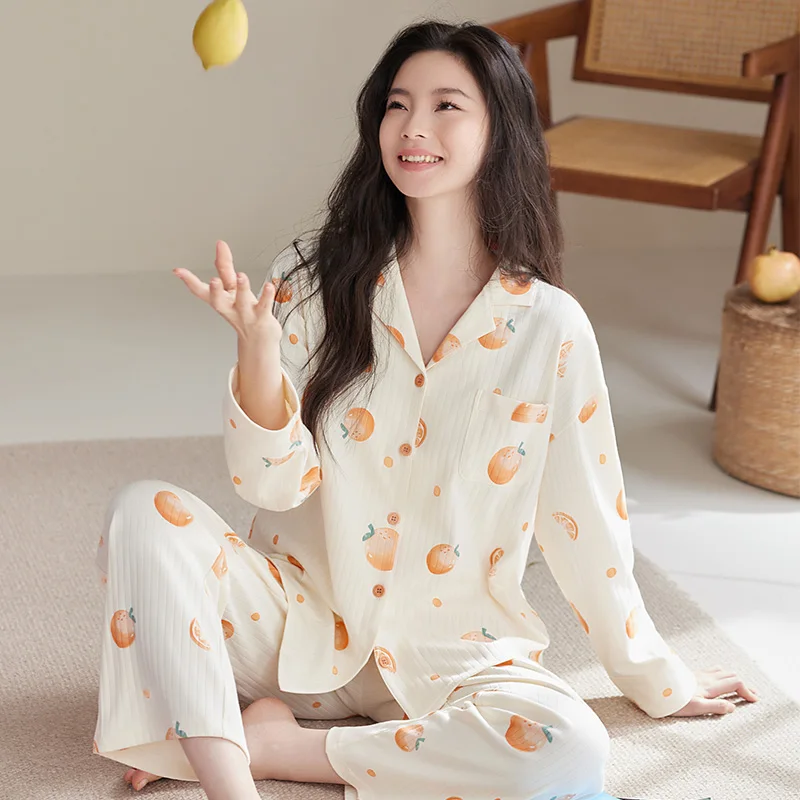 Women Home Clothes For Autumn Pajamas Set Turn-Down Neck Sleepwear Fruit Pattern Pijamas Mujer Long Sleeve Cotton Pyjamas Female