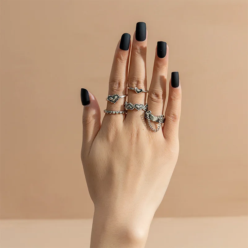 Twist chain love set ring female niche design 5 pieces hip hop retro silver old index finger ring ring