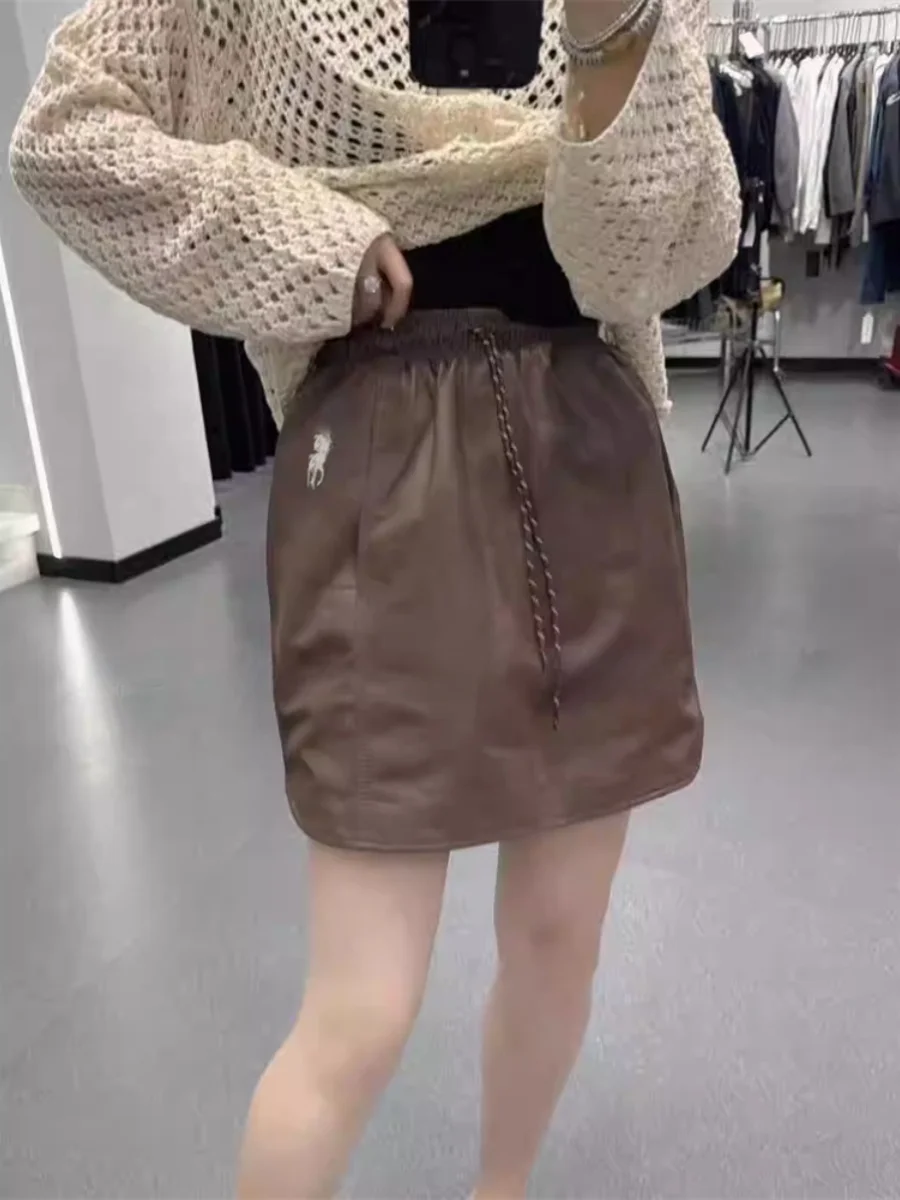 

Spring Autumn 2024 New Style Women's Leather Skirt Elastic Waist Mid-Length Sheepskin Lantern O-Shape Fashionable Trendy