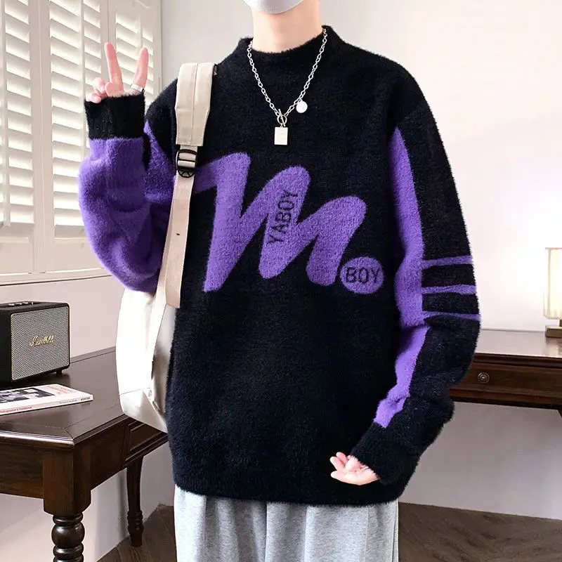 

Autumn Winter Men's Knitted Sweater Letters Color-blocking Loose Pullover Mid-collar Oversize Warm Comfortable Sweatshirts