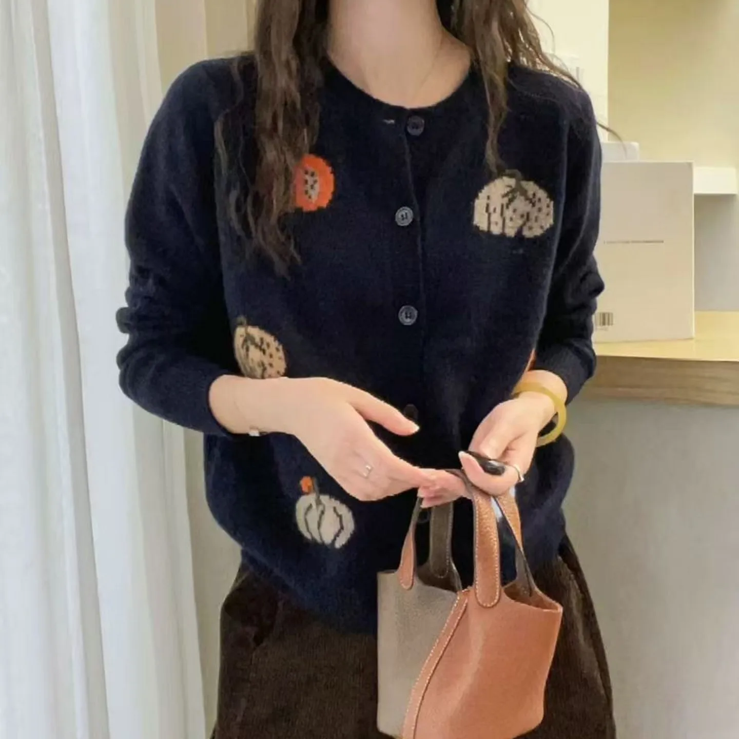 Autumn winter 100%wool cardigan women's round neck pumpkin color-matched jacquard knitted sweater loose coat cashmere sweater