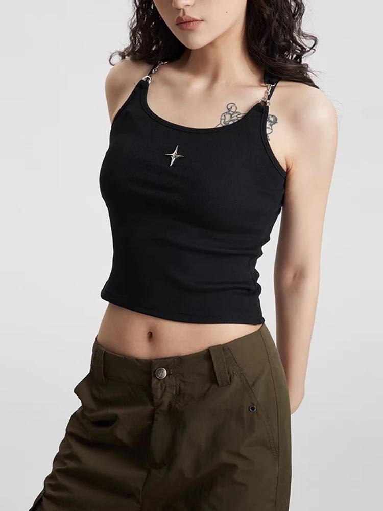 RORORIRI Y2k Metal Buckle Tank Top Women Star Pin Scoop Neck Pullover Rib Knit Stretchy Slim Sleeveless Vest Grayu Retro Clothes