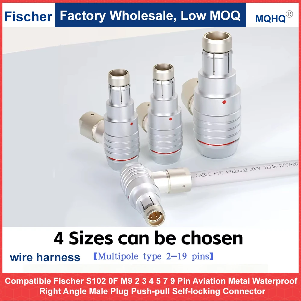 Compatible Fischer S102 0F M9 Connector Right Angle Elbow Male Plug 2 3 4 5 7 9 Pin Waterproof IP68 Push-Pull Self-Locking Metal