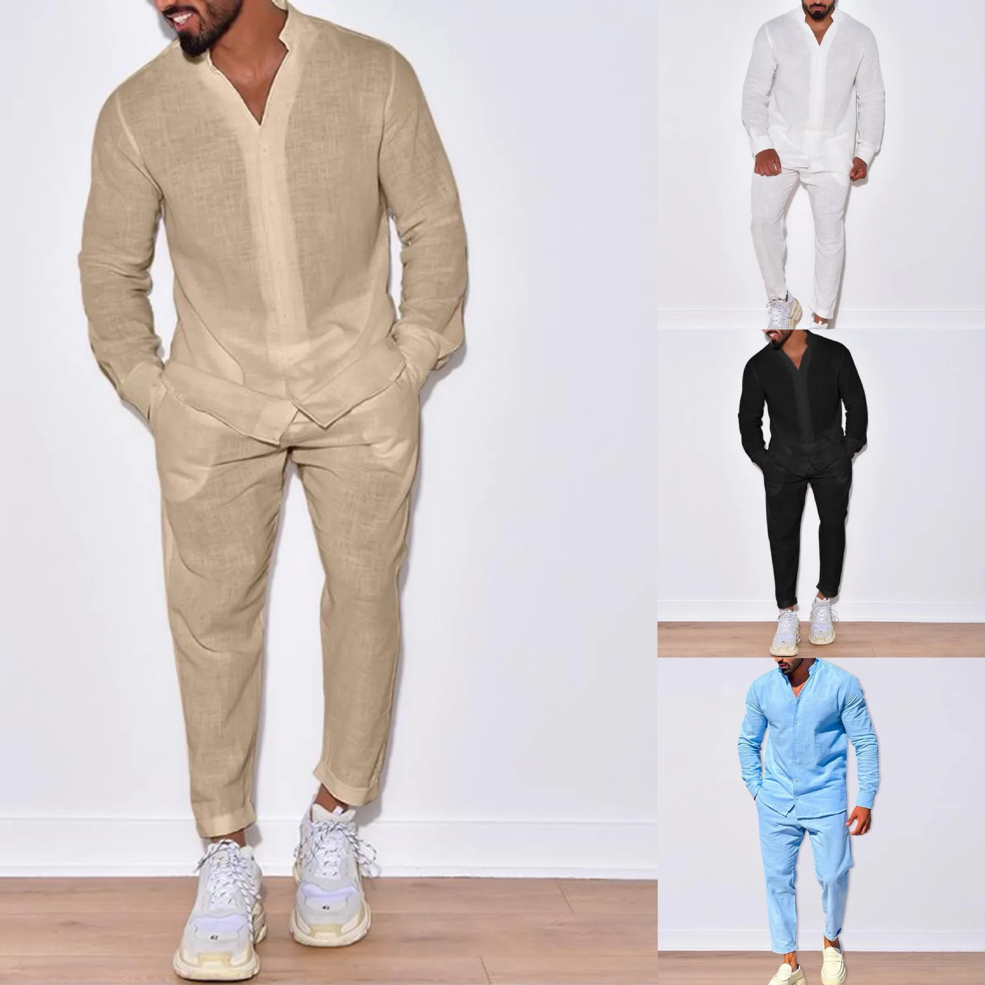 

Men's casual cotton and linen suit, fashion comfortable linen solid color stand collar shirt street loose long sleeve two-piece