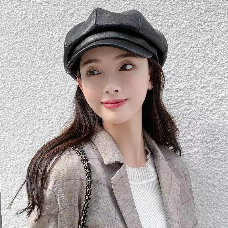 Nuevo Gorro octogonal para el día de otoño e invierno, boina de cuero PU para hombres y mujeres, versión coreana de informal al aire libre