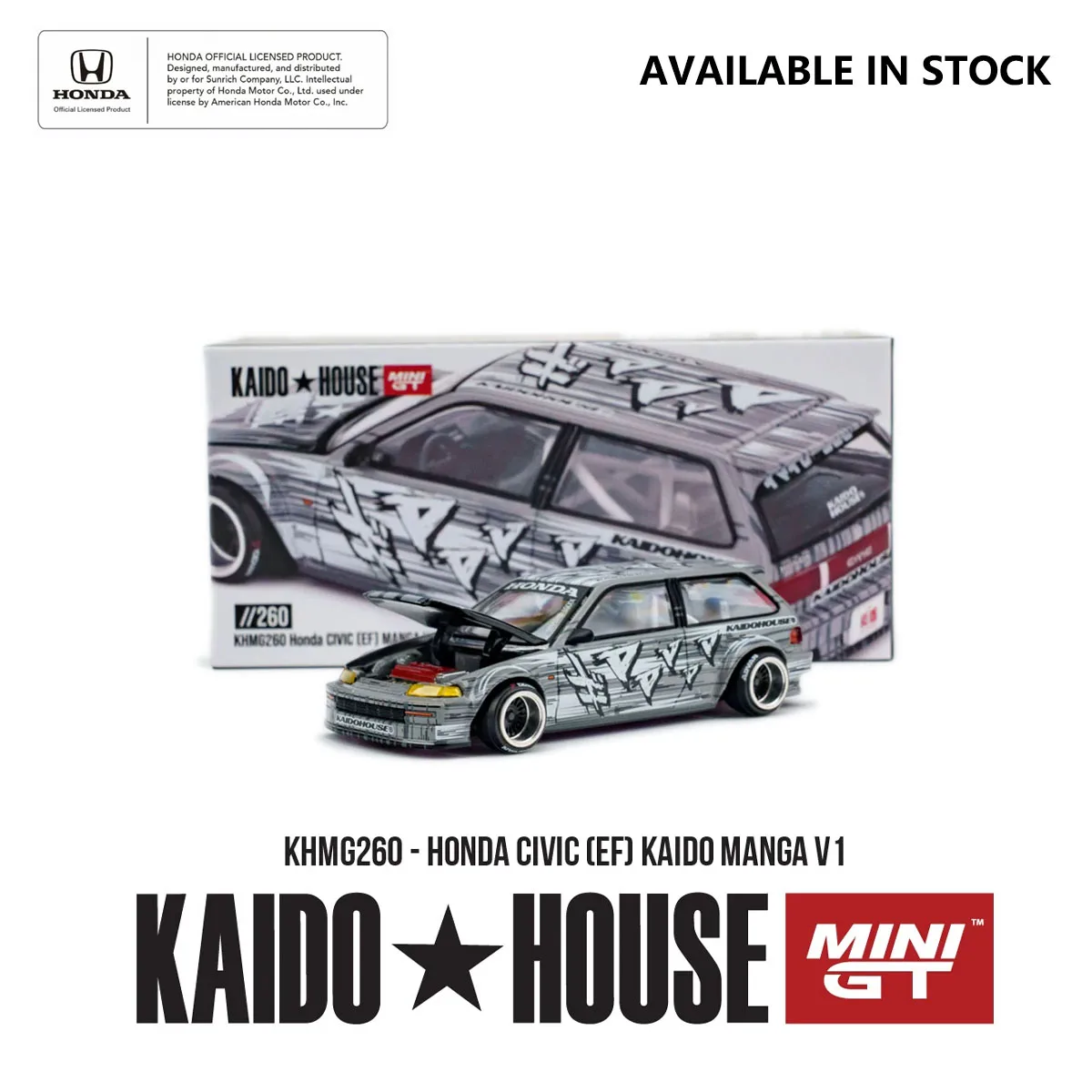 

In Stock Mini GT x Kaido House 1:64 Honda Civic EF KHMG260 Kaido Manga V1 Graffiti Livery Openable Hood Diecast Model Car