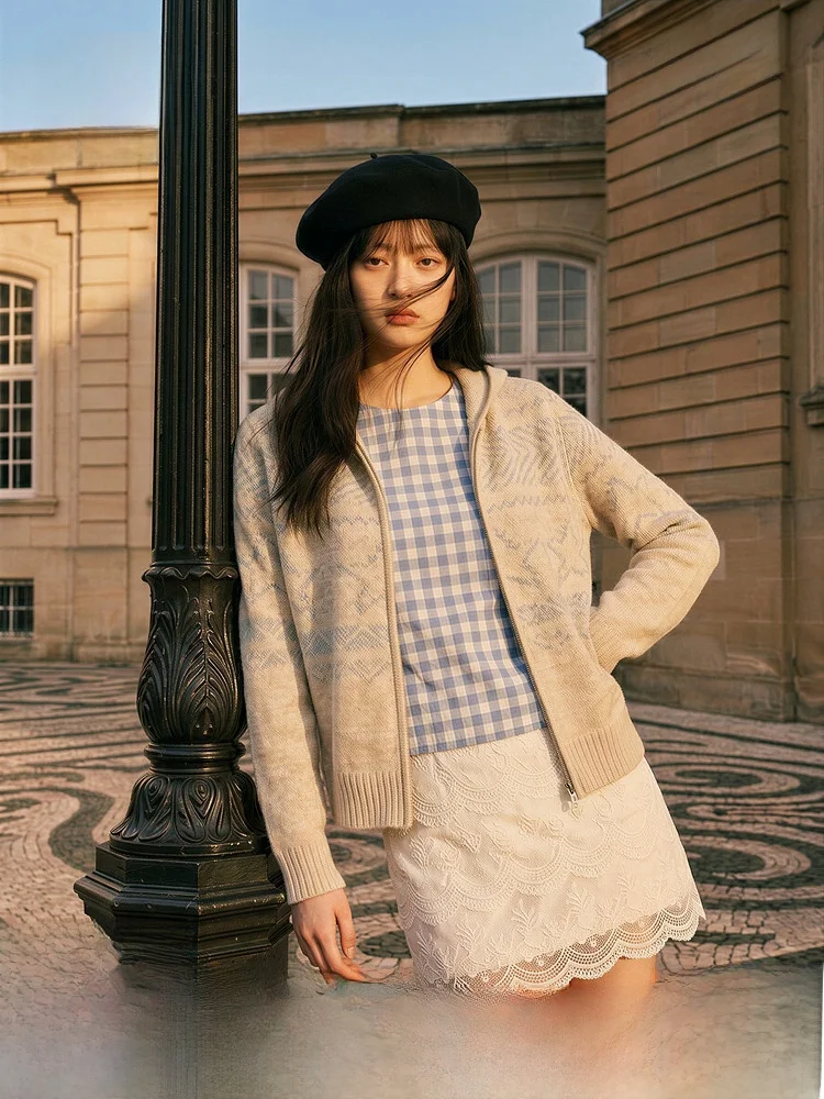 

H&M Women's Knitted Sweater Spring New Star Pattern Double Zipper Soft Knitted 000052 Loose Fit Open Cardigan Regular Thin