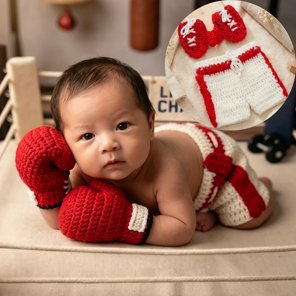 

Newborn Photography Props Little Boxer Costume Crochet Boxing Gloves Shorts Set Handmade Infant Photo Shoot Outfit Accessories