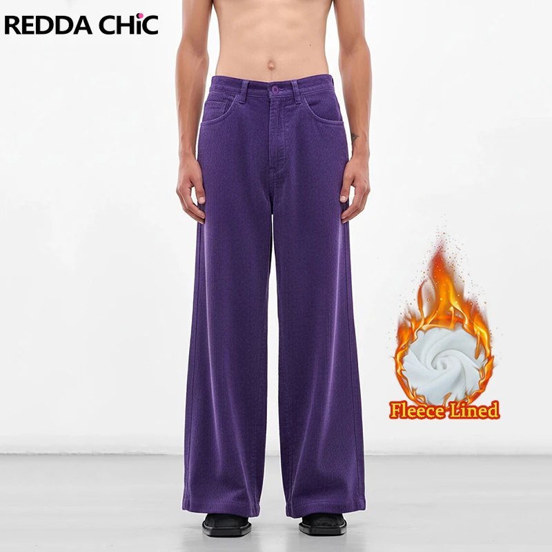 

REDDACHiC Men's Thermal Corduroy Pants Classic Fit Flat Front Pockets High Waist Wide Leg Trousers Casual Fall Winter Clothes