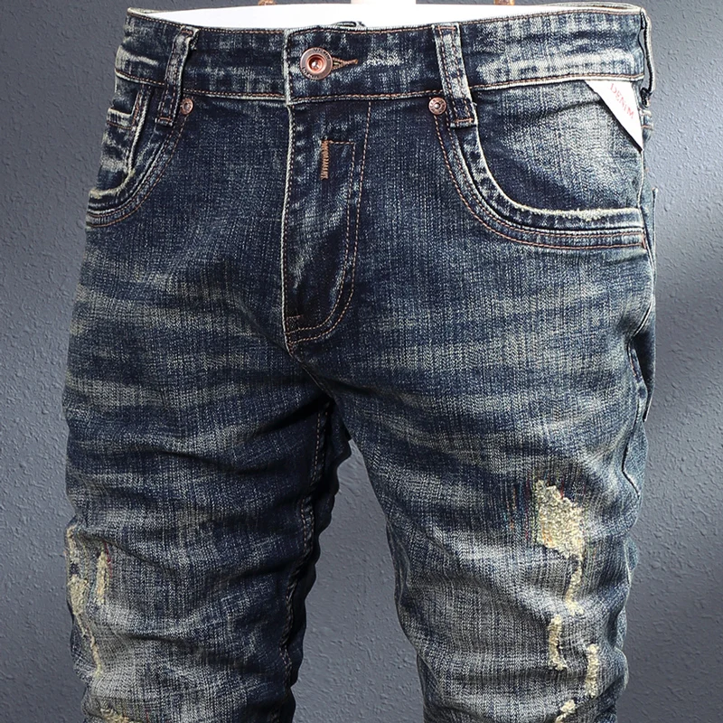 新作デザイナーファッションメンズジーンズレトロブラックブルーストレッチスリムフィットリップドジーンズメンズ刺繍パッチY2Kヴィンテージデニムパンツ
