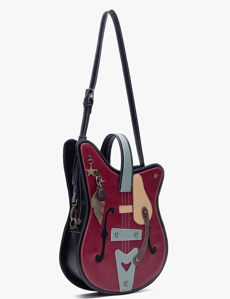 

Original Retro Metal Pendant Guitar Shape Backpack Adult Contrasting Color Creative Vintage Instrument Crossbody Bag Boombag