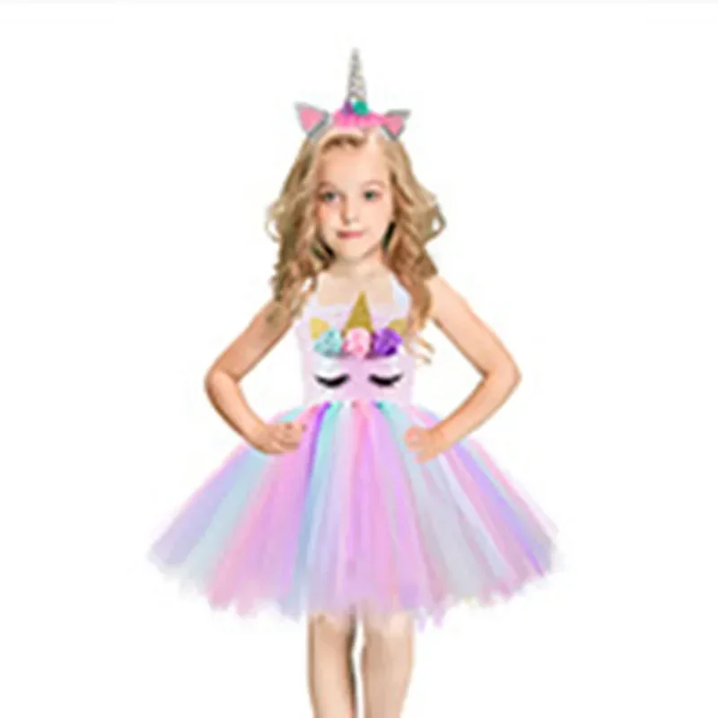 Rainbow unicorn dress girls LED light flower birthday party Tutu outfits kids Halloween Christmas Unicorn costume with headband