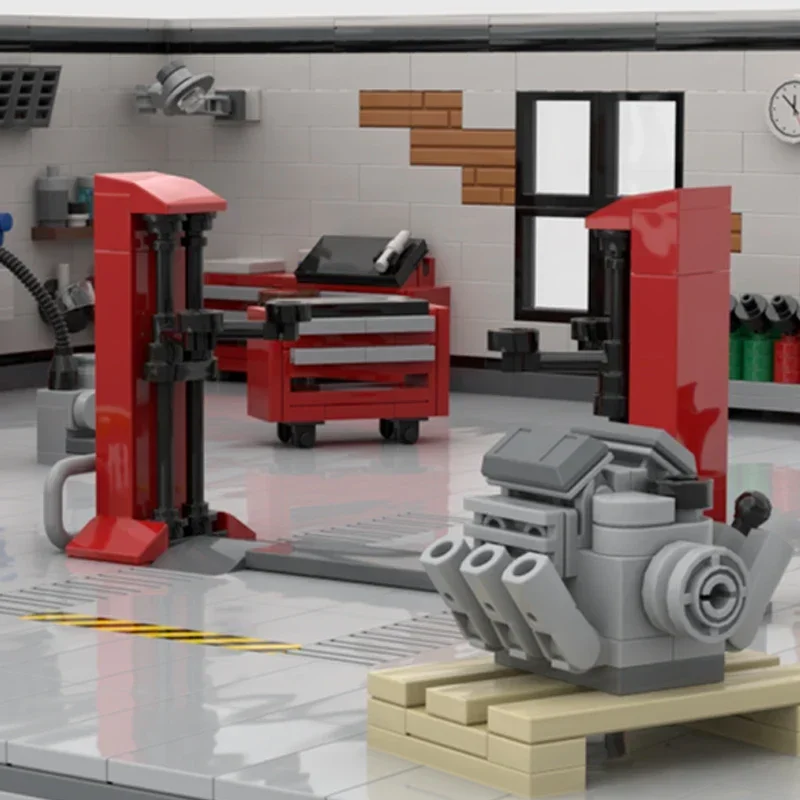 Tuning Garage Mit Zubehör Technologie Blöcke Street View Modell Moc Gebäude Ziegel Geschenke Weihnachten Spielzeug DIY Sets Montage