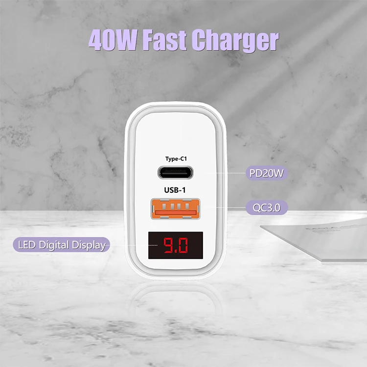 US/EU/UK USB+PD 2 Port Mobile Phone Charger Fast Charging Adapter 40W USB Type C 2 in 1 Cell Phone Fast Charger with LED