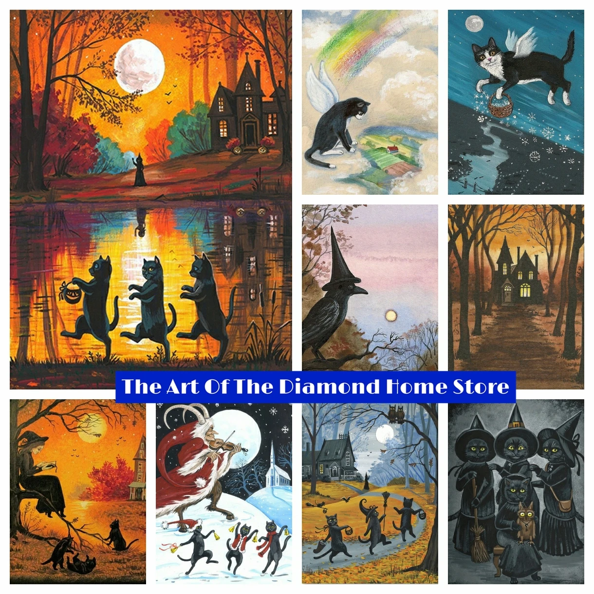 

Halloween Autumn Fall Black Cat 5D DIY AB Drill Diamond Painting Embroidery Witch Artist Cross Stitch Mosaic Handmade Home Decor