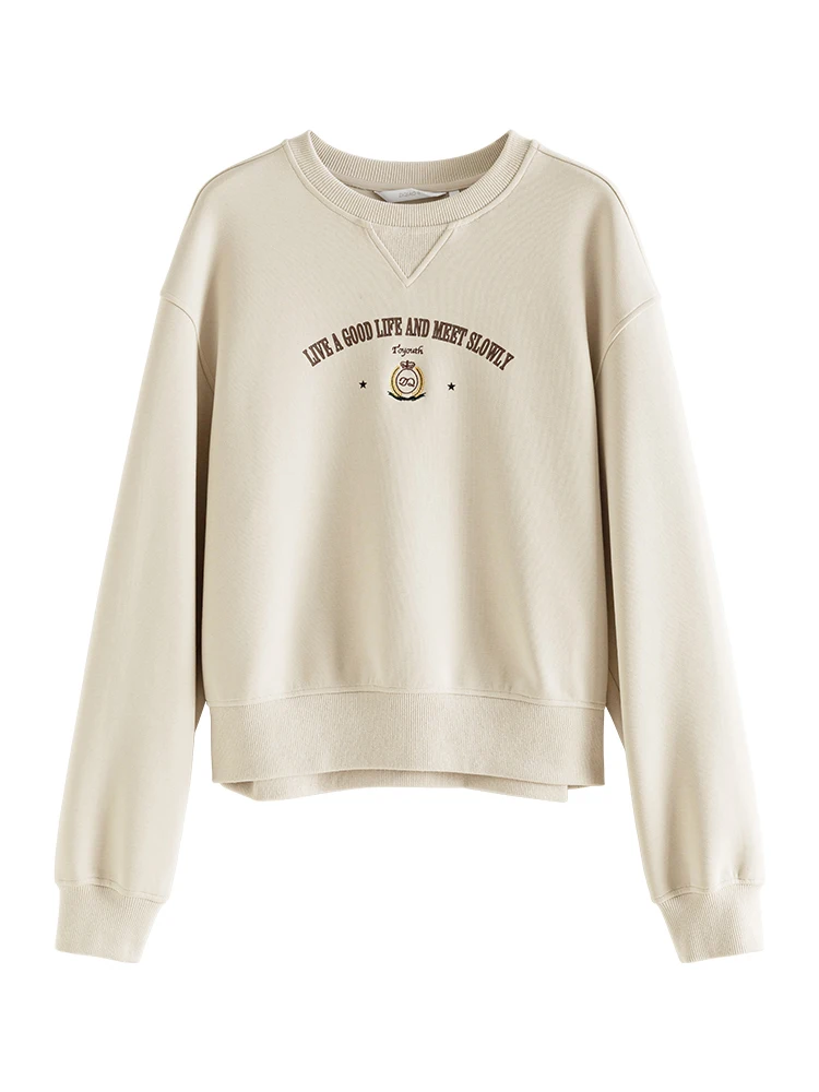 ZIQIAO Preppy Style Embroidered Loose Sweatshirt for Women 2024 Spring New Versatile Casual Round Neck Pullover Female
