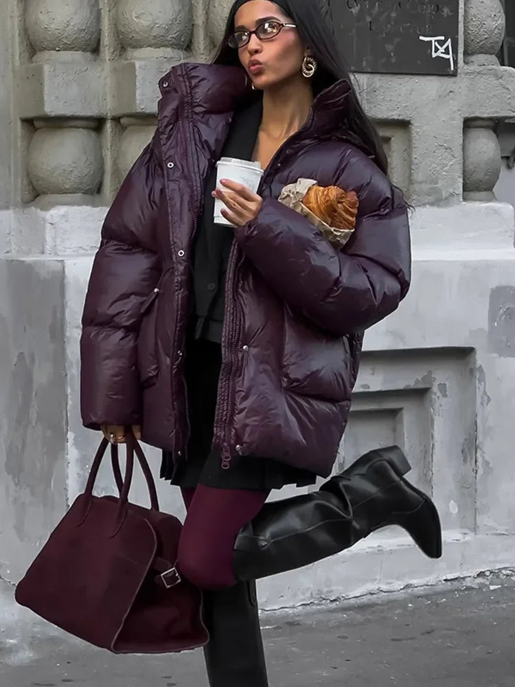 Burgundy Padded Cotton Jackets For Women Fashion Stand Collar Zipper Pockets Warm Coats 2024 Winter High Lady Street Outerwear