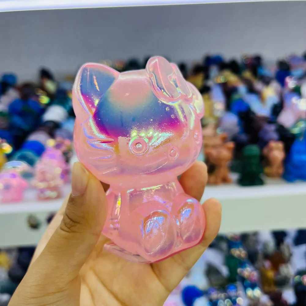 8cm Sanrio Hello Kitty KT Cat Natural Rose Quartz Carving Polished Healing Figurine Home Decor Craft Gift