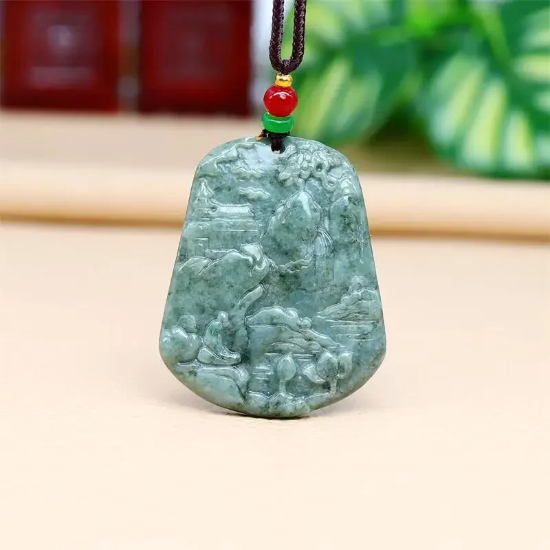 

Burmese Jade Landscape Pendant Green Vintage Necklace Amulets Natural Fashion Accessories Jadeite Chinese Jewelry Emerald