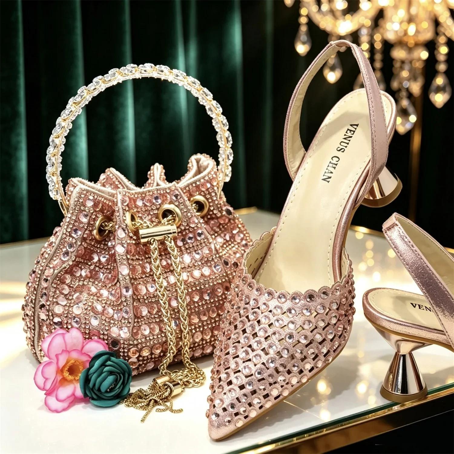 Shiny Gold Rhinestone Shoe & Bucket Bag Set | Pointed Crystal Heels, Womens Lux Wedding Eve Bridal Formal Prom Match Purse Kits
