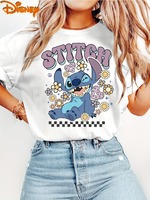 Retro Women's Disney T-Shirt Cute Star Baby Stitch and Flower Print Round Neck Fashionable Casual Versatile Cotton Harajuku Top